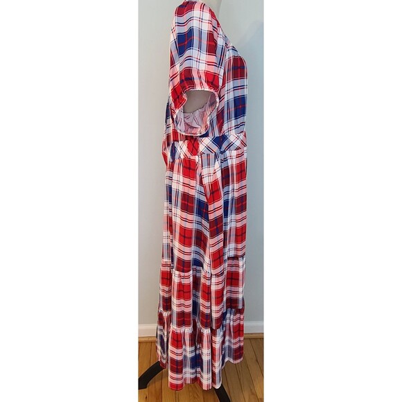 Torrid Challis Puff Sleeve Tiered Maxi Dress Plaid Red & Blue 3X 22/24 Americana - Picture 7 of 15